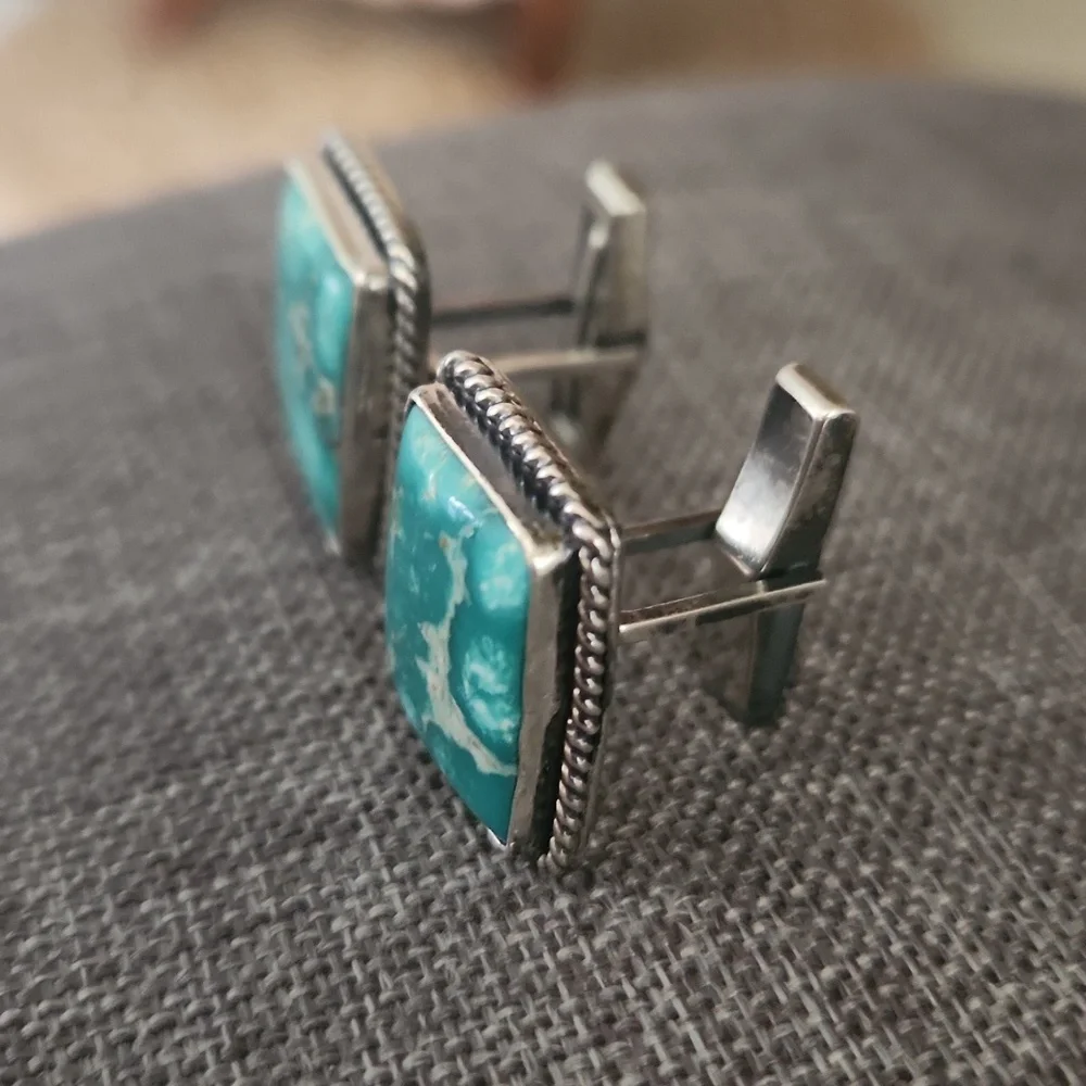 Rare NWOT Native American Handmade Whitewater Turquoise Men's Cufflinks 💙🖤🎁